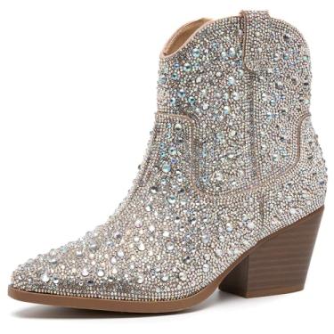 Imagem de YAYONE Botas de tornozelo brilhantes com zíper e strass – bico fino com glitter, sapatos modernos, confortáveis, botas ocidentais de salto grosso, Prata - 2, 36