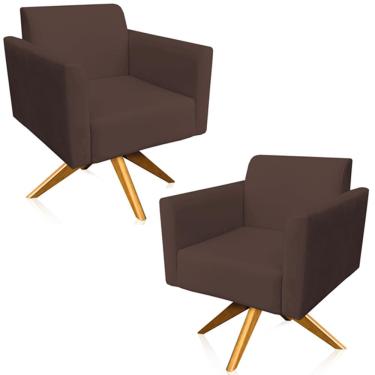 Imagem de Kit 02 Poltronas Decorativas Isabella Base Giratória Madeira Suede Marrom - Gran Belo