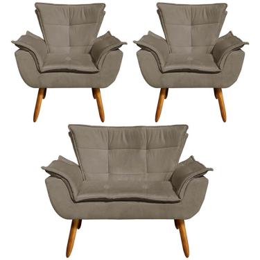 Imagem de Conjunto 2 Poltronas e 1 Namoradeira Pés Palito Charger Suede Nude - Gran Belo