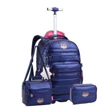 Imagem de Kit Mochila Rodas Lorena Queiroz Metalizada Lancheira Estojo Cor:Marin