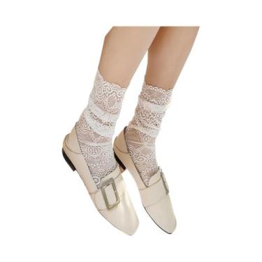 Imagem de Meias Curtas Femininas Retrô De Renda Floral Em Tela, Pretas E Brancas