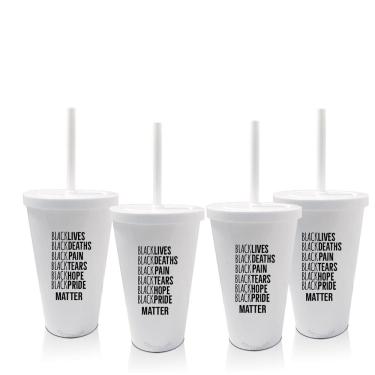 Imagem de Kit 4 Copos Com Tampa E Canudo Branco Lista Black Lives