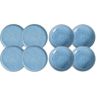 Imagem de Jogo 4 Pratos Rasos e 4 Pratos Fundos Cerâmica Azul Linhas B - Porto B