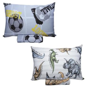 Imagem de Kit 2 Jogos Lençol Cama Menino Futebol Dinossauros Solteiro - Portalla