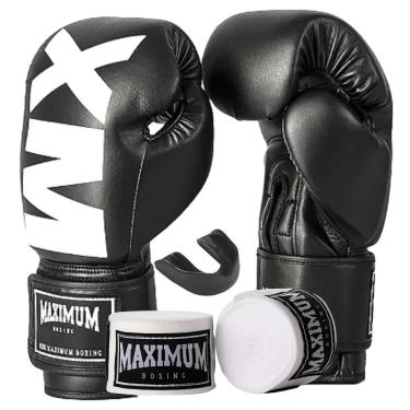 Imagem de Kit Luva De Boxe Muay Thai MXM Preto e Branco + Bandagem 3m + Protetor Bucal - Maximum Boxing-Unissex