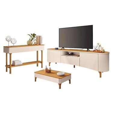 Imagem de Rack Bancada Elara Com Mesa De Centro Liz E Aparador Fiero Off White Cinamomo - Hb Móveis