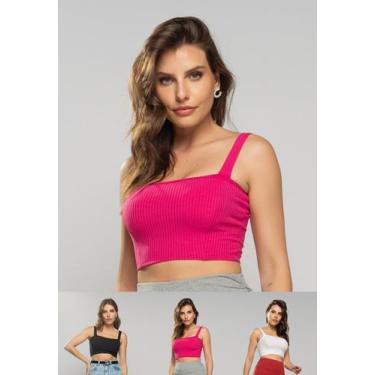 Imagem de Kit 3 Croppeds Top Faixa Comfy Malha Canelada Pink, Preto e Branco Sal