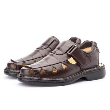 Imagem de Sandalia Em Couro Masculina Calce Facil Tira Autocolante Ortopedica Co