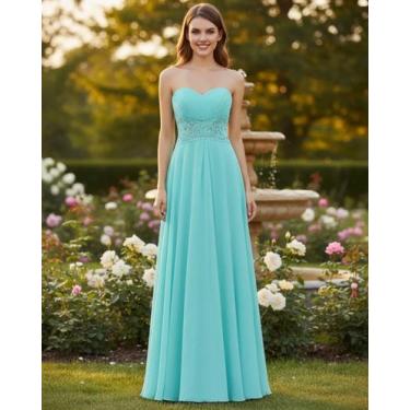 Imagem de Vestido Madrinha sem alça Bordado Ref 82 - Lua Serena, Azul tiffany, P