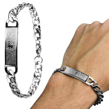 Imagem de Pulseira masculina prata aço inox oração pai nosso religiao social rel