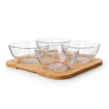 Imagem de Petisqueira Vidro Base Bambu 4 Peças Mesa Luxo Kit Quadrada Petiscos F
