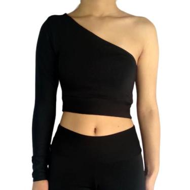 Imagem de Cropped Feminino Um Ombro Só Manga Longa Barra Liso Suplex PP ao Plus 