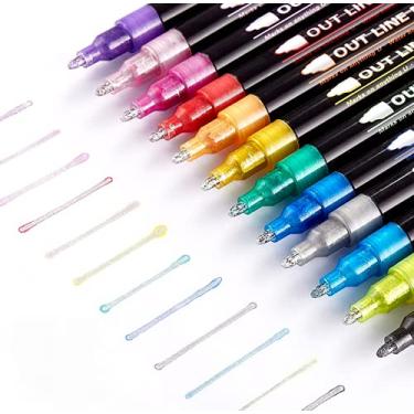 Imagem de 12 cores de canetas marcadoras com contorno de glitter, canetas metálicas com brilho de linha dupla para crianças, adultos, desenho, pintura, artesanato, diário, scrapbook, álbum de fotos, assinatura de volta às aulas