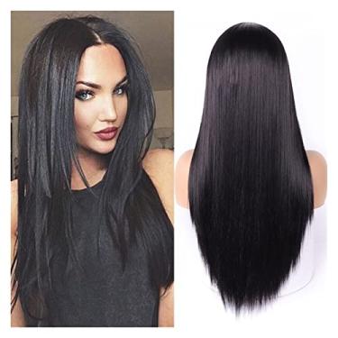 Imagem de Perucas femininas longas e lisas, peruca sintética azul claro para mulheres, peruca mista preta e loira, parte média, cabelo natural, perucas de cabelo humano (cor: 9161-1B, comprimento esticado: 66 cm)