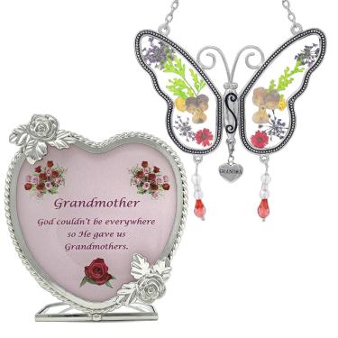 Imagem de BANBERRY DESIGNS Grandma Butterfly Suncatcher & Candle Holder Set - Metal & Glass - Butterfly Has Real Pressed Flowers in Wings - Hanging Charm with Grandma Engraved - Grandma to Be - Mother-in-Law