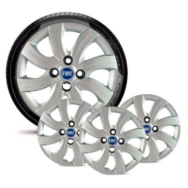 Imagem de Jogo 4 Calota Carros Fiat Todos Aro 14 Prata Emblema Azul