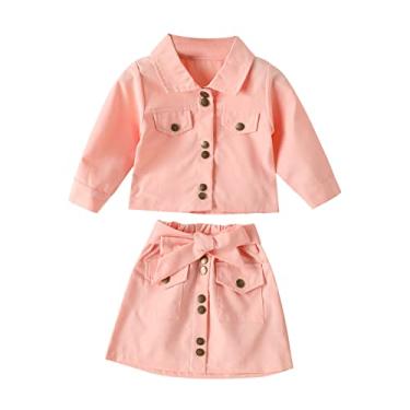 Imagem de Jaqueta de manga comprida para bebês e meninas para bebês camisetas saias com botão de arco 2 peças roupas para bebês meninas (rosa, 3-4 anos)