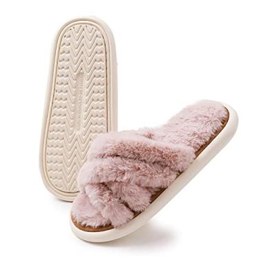 Imagem de Pantufas femininas felpudas macias forradas de pelúcia para uso interno ao ar livre aconchegante com espuma de memória chinelos com faixa cruzada para mulheres com bico aberto para sapatos de casa