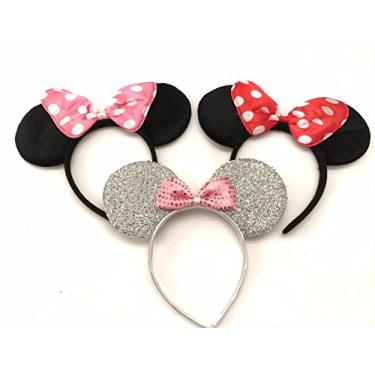 Imagem de 3 bandana Minnie Mouse preto, vermelho, rosa, prata, laço e orelhas de Mickey Mouse