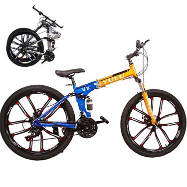 Imagem de Bicicleta dobrável portátil para adultos bicicletas dobráveis para adultos bicicleta de montanha dobrável com garfo de suspensão engrenagens de 66 cm bicicleta dobrável bicicleta da cidade moldura de aço de alto carbono, amarelo/10,21