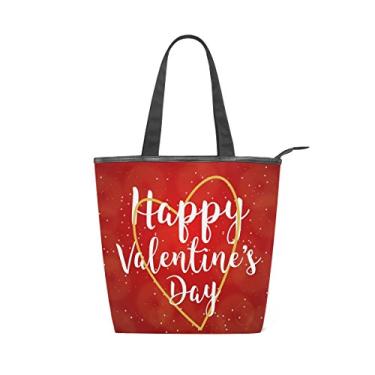 Imagem de Bolsa feminina de lona durável Happy Valentine's Day vermelha grande capacidade sacola de compras bolsa de ombro