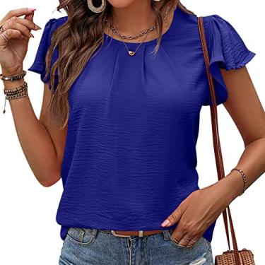 Imagem de Camiseta feminina de manga curta casual gola redonda plissada de chiffon camisa com babados manga top doce camisa de verão blusas tops, azul, G