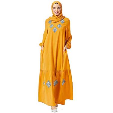 Imagem de Bigfanshu Saia longa feminina moderna plus size geométrica bordada com bolsos casuais grandes muçulmanos (sem lenço de cabeça), Amarelo, Large