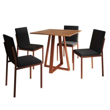 Imagem de conjunto de mesa de jantar com tampo imbuia e 4 cadeiras mônaco veludo preto e cobre