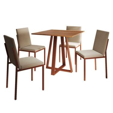 Imagem de conjunto de mesa de jantar com tampo imbuia e 4 cadeiras mônaco veludo bege e cobre