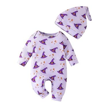 Imagem de Macacão de manga comprida para bebês meninos e meninas para recém-nascidos macacão com estampa de abóbora chapéu Halloween (roxo, 6-9 meses)