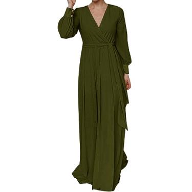 Imagem de UIFLQXX Vestido longo feminino outono manga longa cor sólida decote em V vestido de noite com cinto de renda vestido plus size, Verde, G