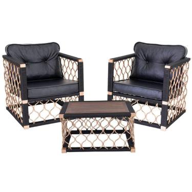 Imagem de Kit 2 Poltronas e Mesa de Centro com Tampo de Madeira Trama em Alumínio e Corda Naútica