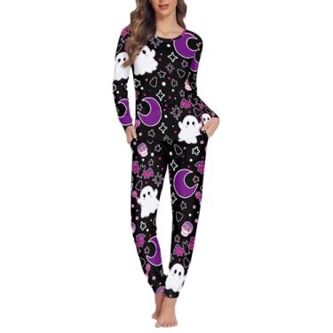 Imagem de ZWPINITUP Roupa de dormir feminina, conjunto de calça de camisa macia, pijama respirável com decote em V para casa, Fantasma, GG