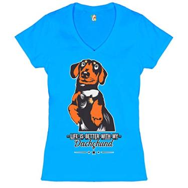 Imagem de Life is Better with My Dachsund Camiseta feminina gola V I Love My Dog Pet, Turquesa, M