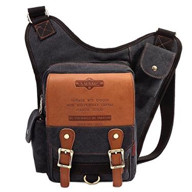 Imagem de Bolsa mensageiro masculina vintage de lona, bolsa mensageiro de couro e patchwork, Preto, Medium, Lazer