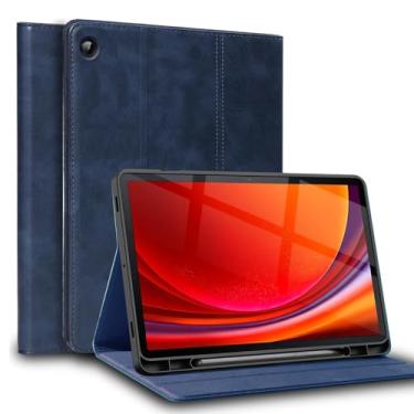 Imagem de NANRUIL Capa protetora para Samsung Galaxy Tab A8 de 10,5 polegadas com suporte para caneta S modelo 2022 (SM-X200/X205/X207), capa protetora de couro genuíno, despertar/hibernar automaticamente. Azul