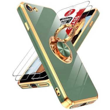 Imagem de LeYi Capa para iPhone SE: com protetor de tela de vidro temperado [2 unidades] Suporte magnético giratório de 360° com borda de ouro rosa para iPhone 7/8/SE 2020/2022/3ª geração, L-verde