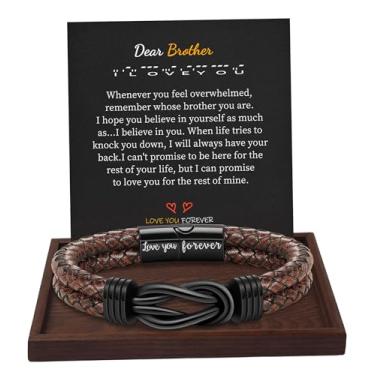 Imagem de Presentes de Natal para homens pulseira de couro marrom preto trançado Forever I Love You presentes para ele pulseiras de punho infinito presentes de aniversário para namorado filho neto marido pai homens meias de enchimento para meninos adolescentes, 9 Inches, Metal, Sem pedras preciosas