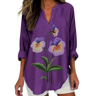 Imagem de Camisetas femininas de linho Alzheimer, blusa roxa com estampa floral, gola V, manga comprida, roupas de verão, E roxo, XXG