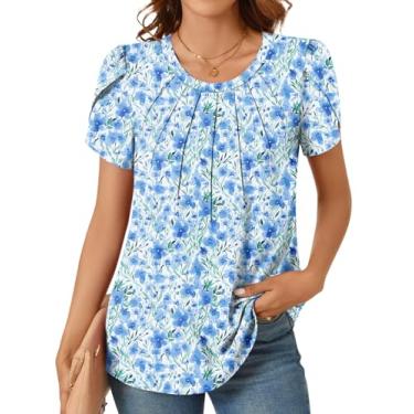 Imagem de Anyhold Blusa feminina de verão com manga de pétala, camisas elegantes e casuais, blusas plissadas para negócios, túnica, Flores em aquarela azul, XG