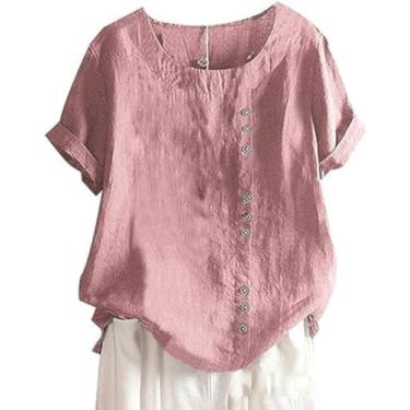 Imagem de Apvirdy Blusa feminina de verão de manga curta, casual, algodão, linho, gola redonda, cor sólida, rosa, M
