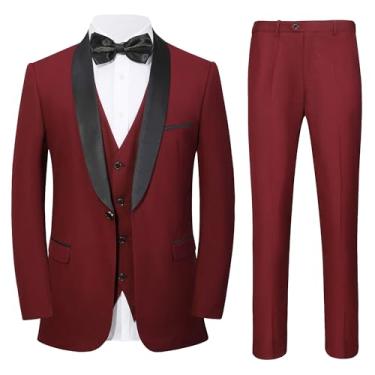 Imagem de Conjunto de terno masculino de 3 peças slim fit com um botão sólido jaqueta colete calça, Vermelho, Large