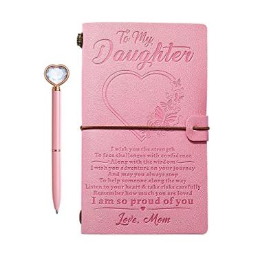 Imagem de Presente para a minha filha - Conjunto de canetas de couro rosa + diamante coração da mãe, diário de escrita de caderno gravado, blocos de notas recarregáveis, formatura de diário de viagem de volta às aulas, Natal, para meninas (20 x 11 cm) (para a filha da mamãe)
