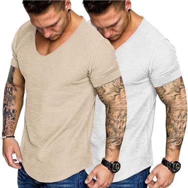 Imagem de COOFANDY Pacote com 2 camisetas masculinas de manga curta e gola V para academia, Branco/cáqui claro, M