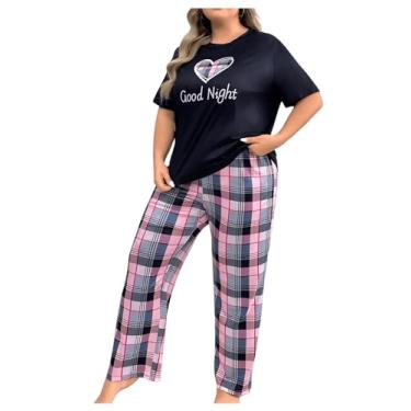 Imagem de Floerns Pijama feminino plus size, estampa gráfica, camiseta de manga curta com calça, conjunto de pijama, Xadrez rosa, 3X-Large Plus