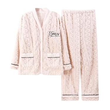 Imagem de LUBOSE Pijama feminino confortável, conjunto de pijama feminino, pijama de veludo coral feminino, pijama térmico feminino, dois conjuntos de pijama, Bege3, M