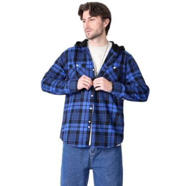 Imagem de KEPUTAY Camisetas masculinas xadrez com capuz casuais de flanela de manga comprida, Azul, XXG