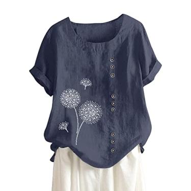 Imagem de Camiseta feminina de linho com estampa de dente-de-leão, manga curta, gola redonda, botões, caimento solto, camisetas para sair, Azul marino, M