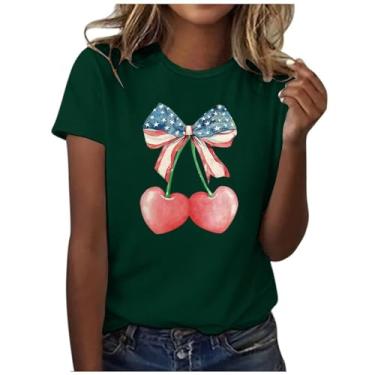 Imagem de Camiseta feminina com bandeira americana de manga curta com estampa de cereja e gola redonda com estampa casual solta com bandeira dos EUA, Verde, P