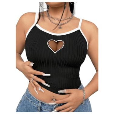 Imagem de RoseSeek Blusa feminina plus size com recorte de malha de coração com nervuras, caimento justo, camiseta casual de verão, Preto e branco, GG Plus Size